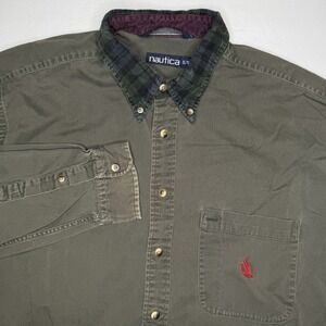 Vintage Nautical Denim Shirt Mens X-Large Green Blackwatch Plaid Corduroy Collar